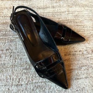 Hermes Patent Leather Sling Back Low Heel Pump, Black, Size 37.5